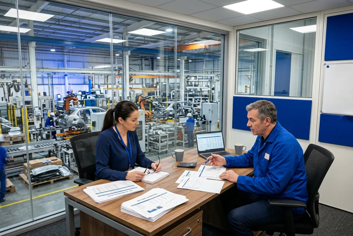 FreshBooks for Manufacturing Companies accounting specialist collaborating with a factory production manager over BOM paperwork in a plant office