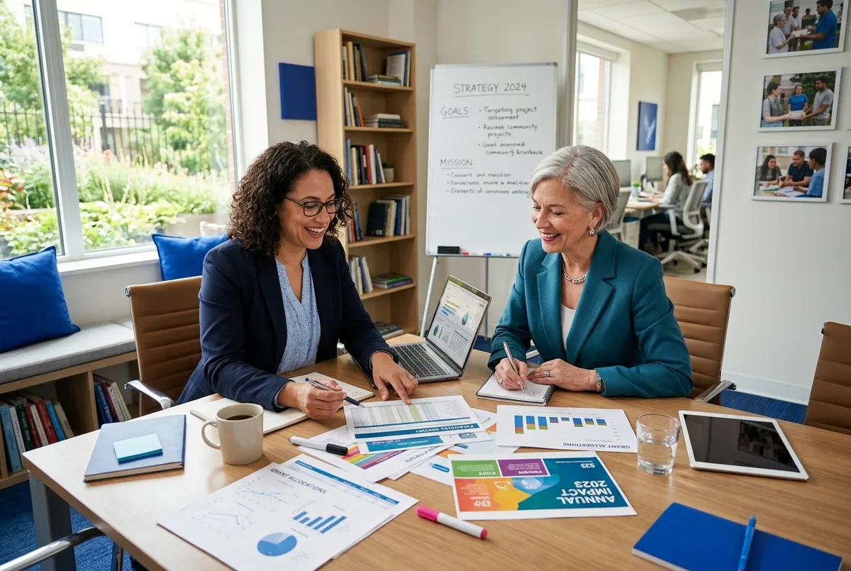 FreshBooks for Nonprofits accounting specialist collaborating with a foundation executive director in a mission driven charity boardroom