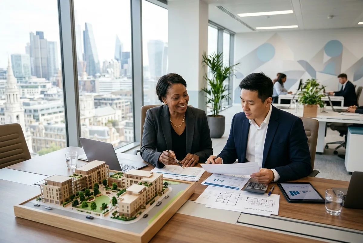 FreshBooks for Real Estate business accounting team reviewing property ledgers beside a model apartment building