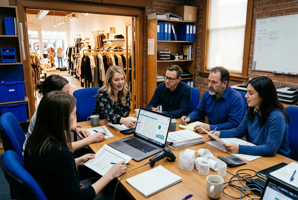 FreshBooks for Retail business accounting team collaborating with a store manager in a boutique retail back office