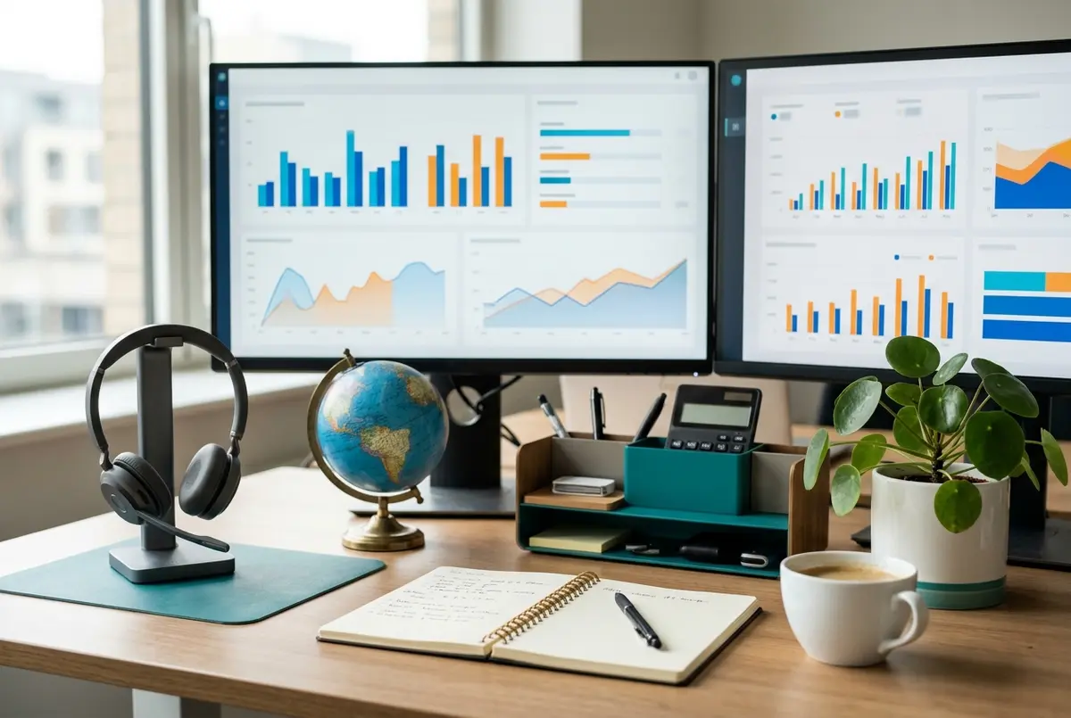 MYOB for BPO Business financial dashboards on dual monitors beside a headset and a world map globe