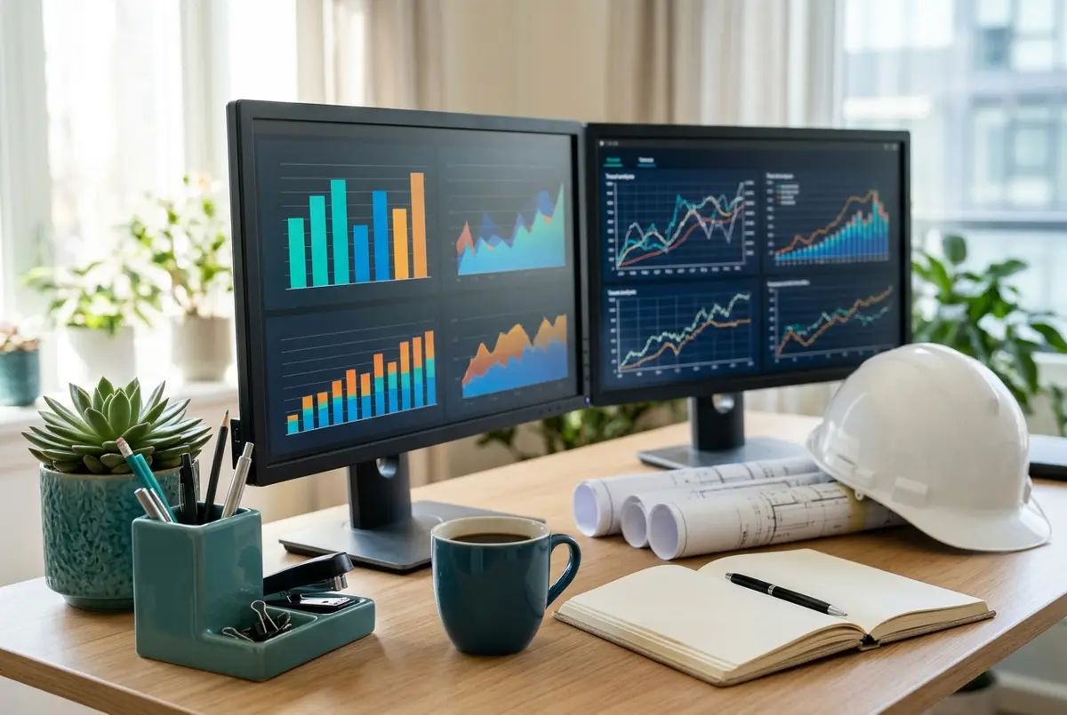 MYOB for Construction Business financial dashboards on dual monitors beside a hard hat and blueprints