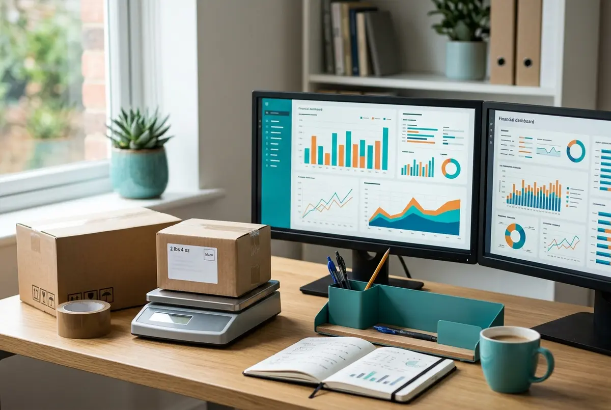 MYOB for Ecommerce Business financial dashboards on dual monitors beside parcels and a shipping scale