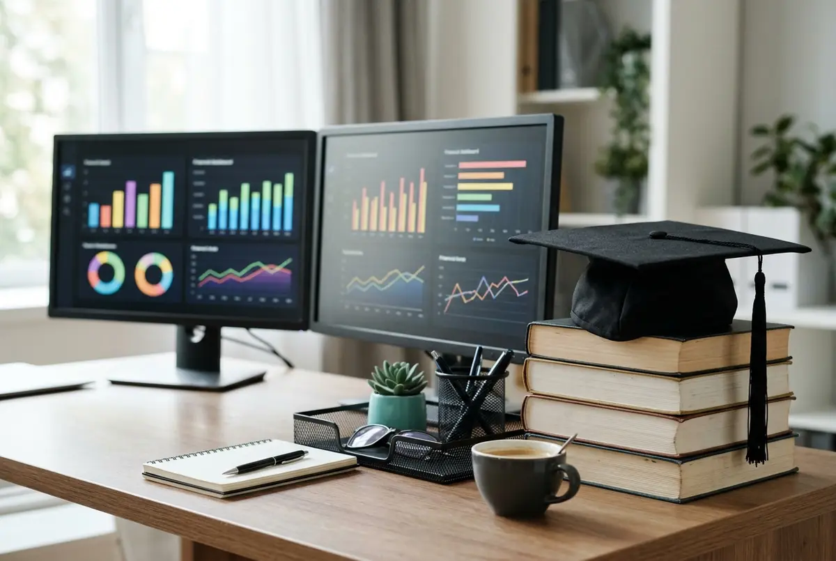 MYOB for Educational Institutions financial dashboards on dual monitors beside books and a graduation cap