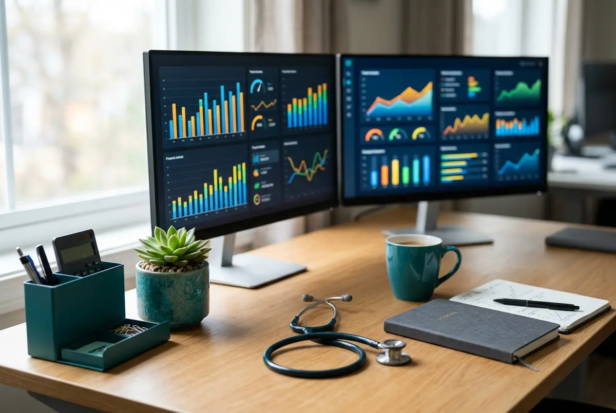MYOB for Healthcare Business financial dashboards on dual monitors beside a stethoscope