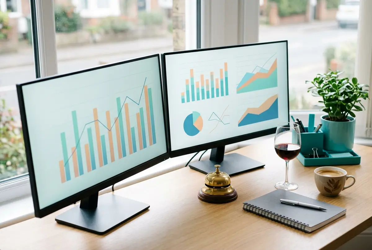 MYOB for Hospitality Business financial dashboards on dual monitors beside a service bell and a wine glass