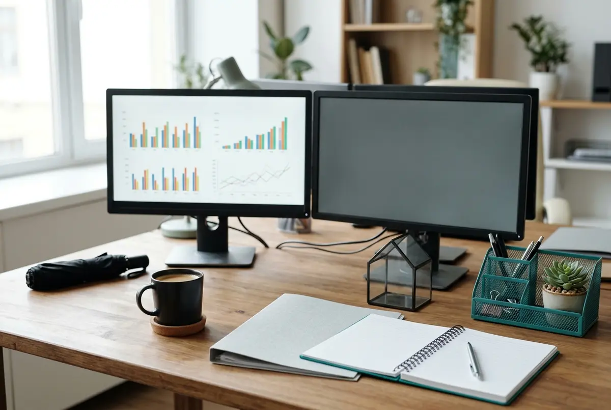 MYOB for Insurance Business financial dashboards on dual monitors beside a small umbrella and policy folders