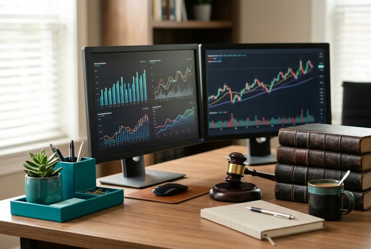 MYOB for Legal Business financial dashboards on dual monitors beside law books and a gavel