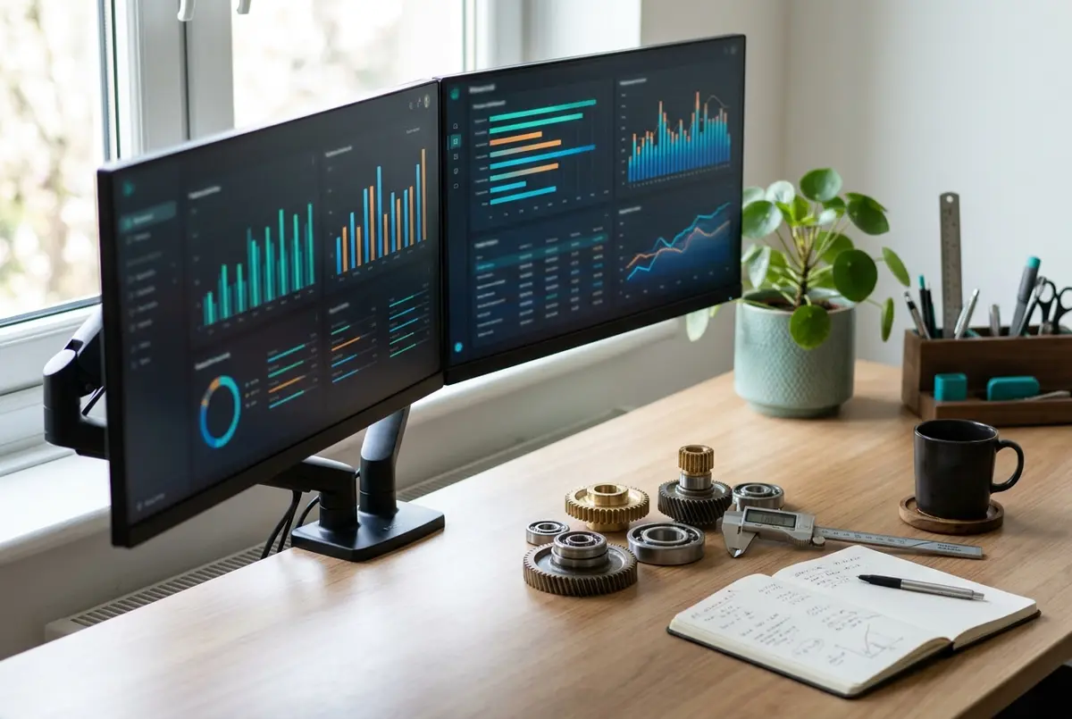 MYOB for Manufacturing Companies financial dashboards on dual monitors beside metal parts and a caliper