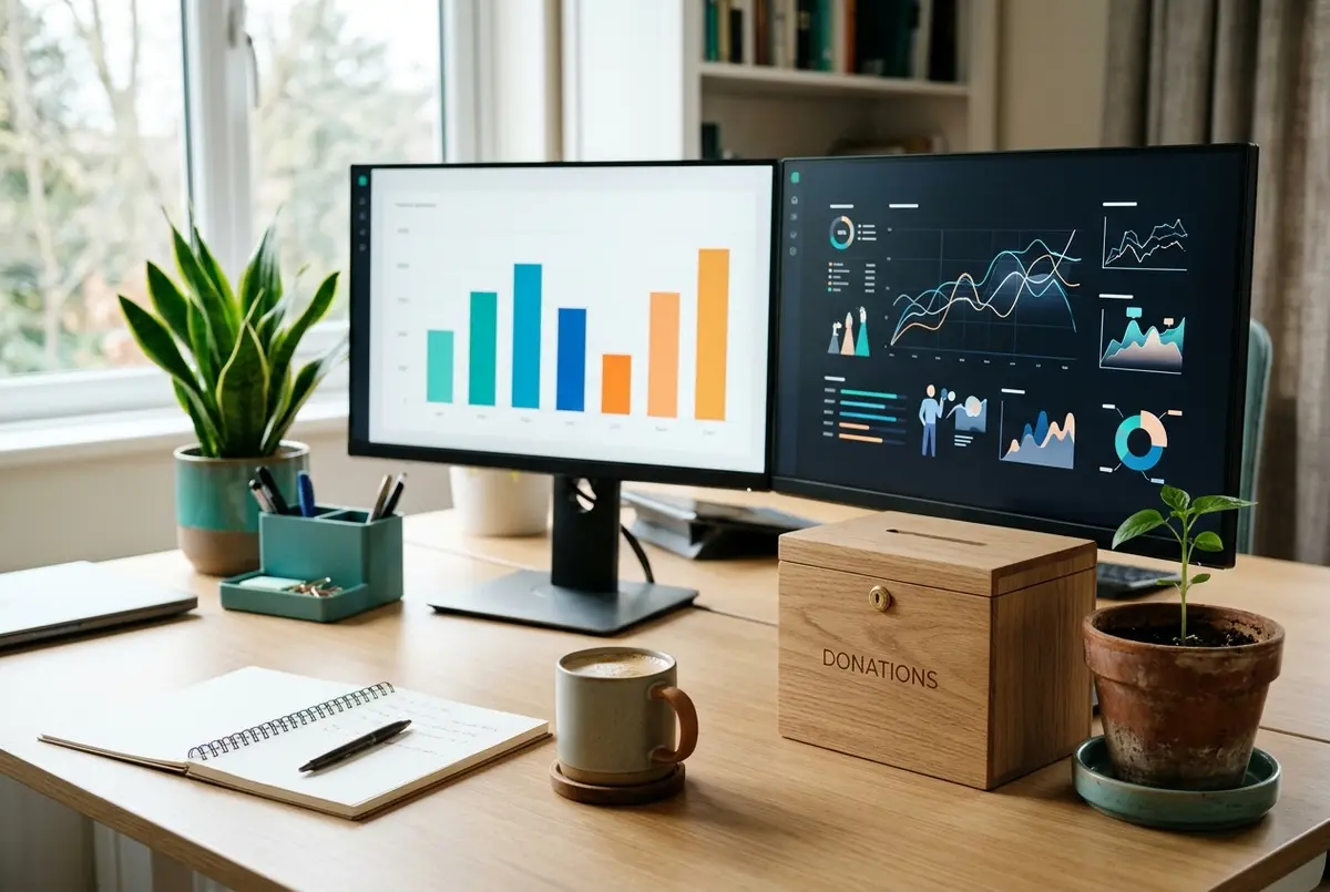 MYOB for Nonprofits financial dashboards on dual monitors beside a donation box and a small plant