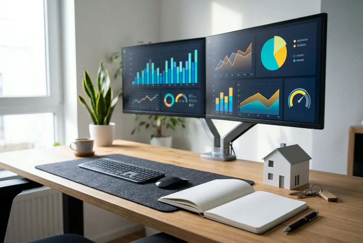 MYOB for Real Estate Business financial dashboards on dual monitors beside a model house and keys