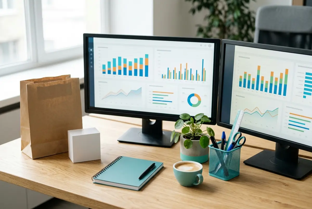 MYOB for Retail Business financial dashboards on dual monitors beside a shopping bag and a product box