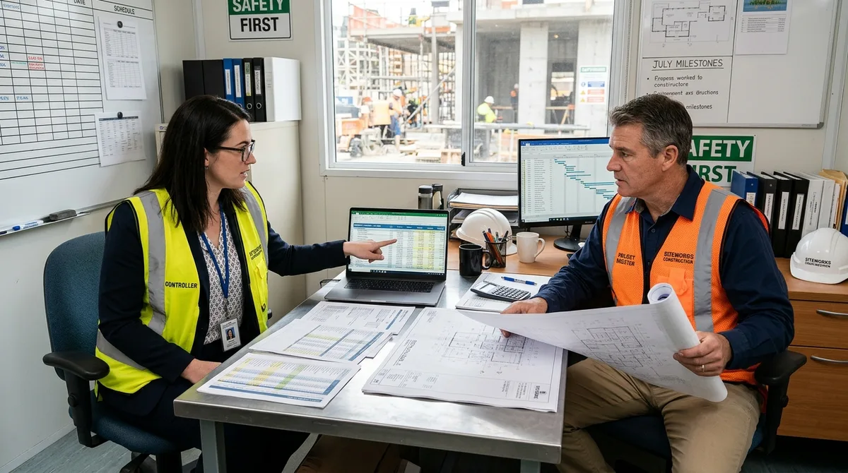 NetSuite for Construction business accounting team reviewing site blueprints and job costing files