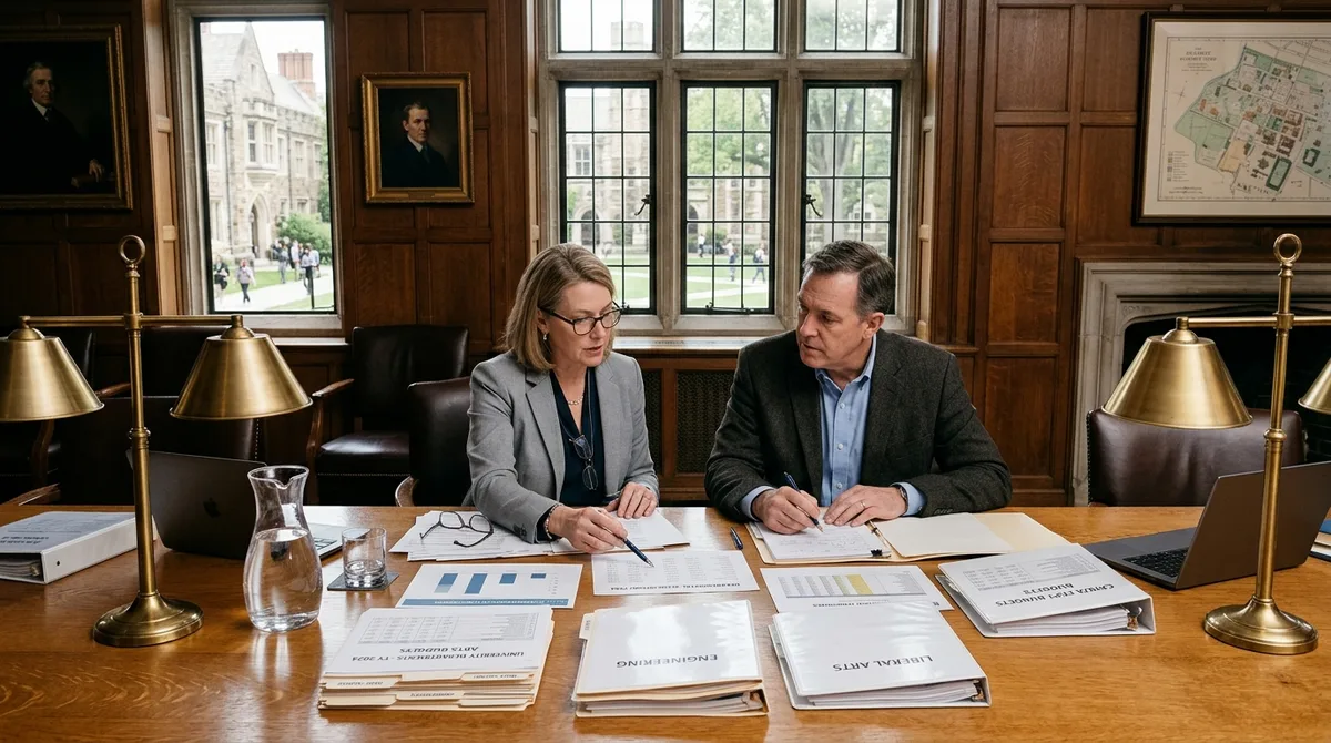 NetSuite for Educational Institutions accounting team reviewing tuition ledgers in an administrative office
