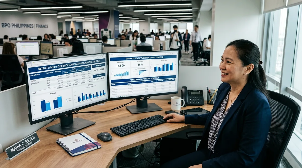 NetSuite for BPO business financial reports on dual monitors overlooking a contact center floor