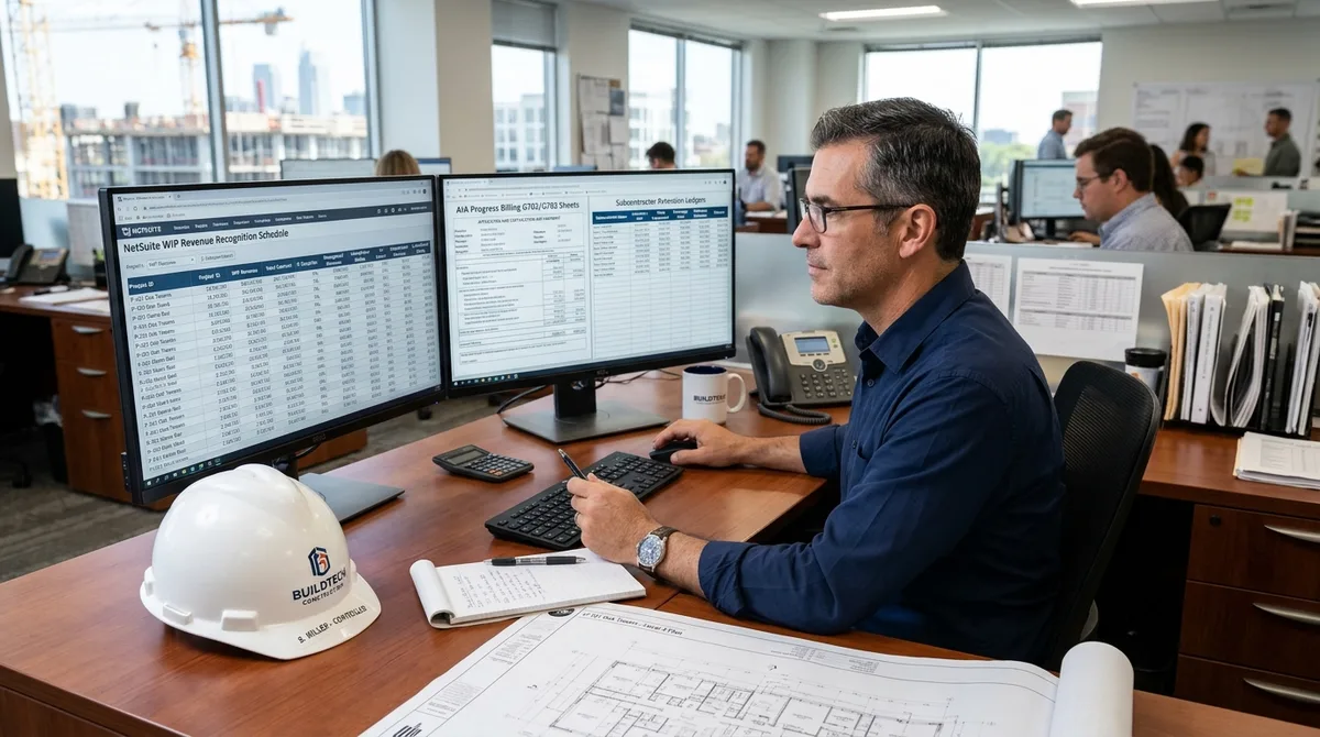 NetSuite for Construction business financial reports on dual monitors overlooking a building project