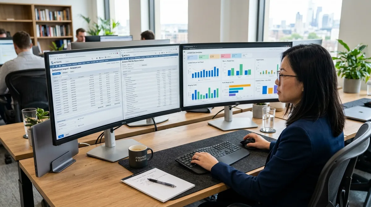NetSuite for Ecommerce business financial reports on dual monitors in a digital brand studio