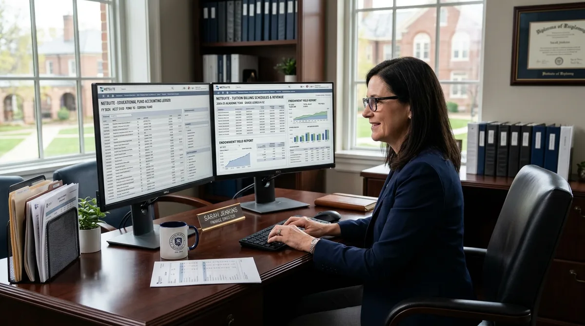 NetSuite for Educational Institutions financial reports on dual monitors in a school finance suite