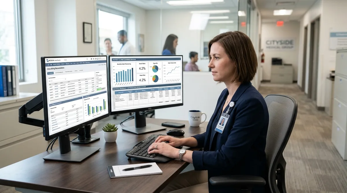 NetSuite for Healthcare business financial reports on dual monitors in a modern medical office