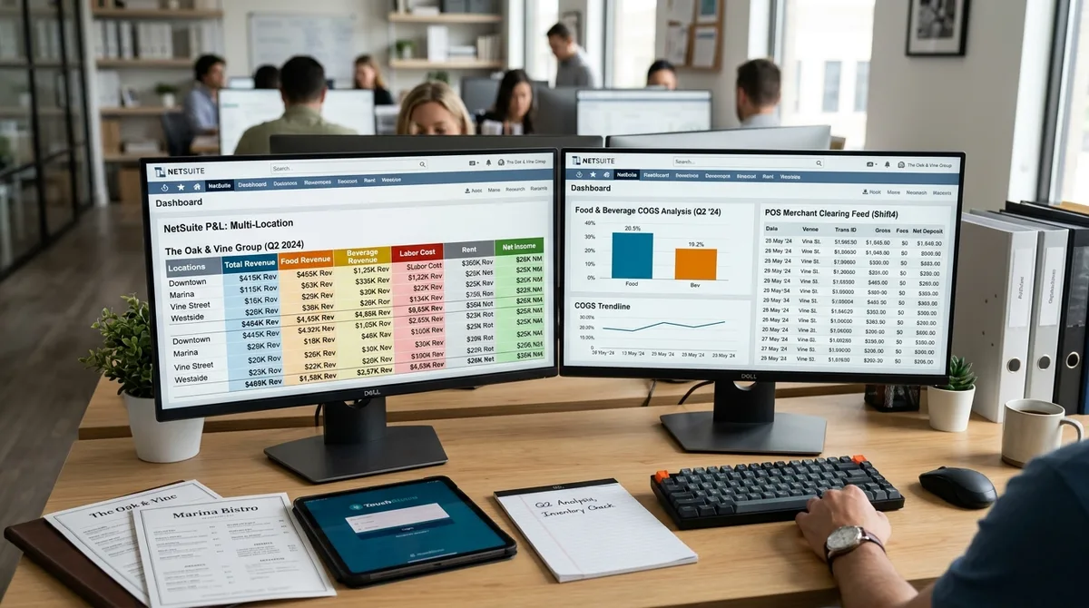 NetSuite for Hospitality business financial reports on dual monitors in an upscale venue back office