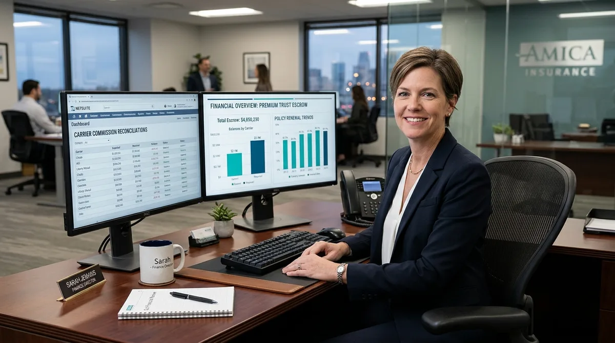 NetSuite for Insurance business financial reports on dual monitors in a commercial brokerage office