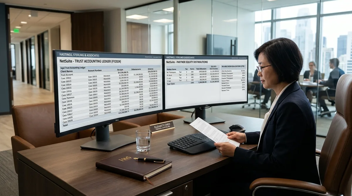 NetSuite for Legal business financial reports on dual monitors in an executive law firm office