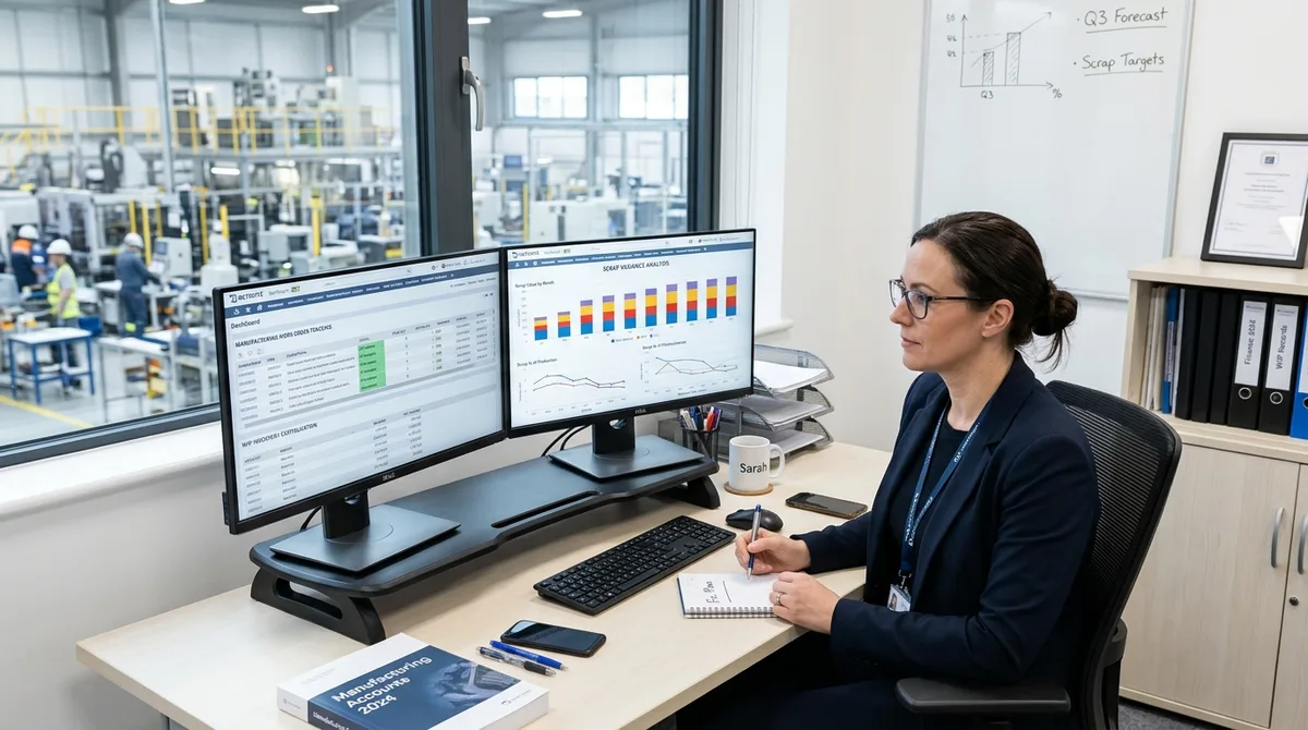 NetSuite for Manufacturing Companies financial reports on dual monitors in an industrial plant office