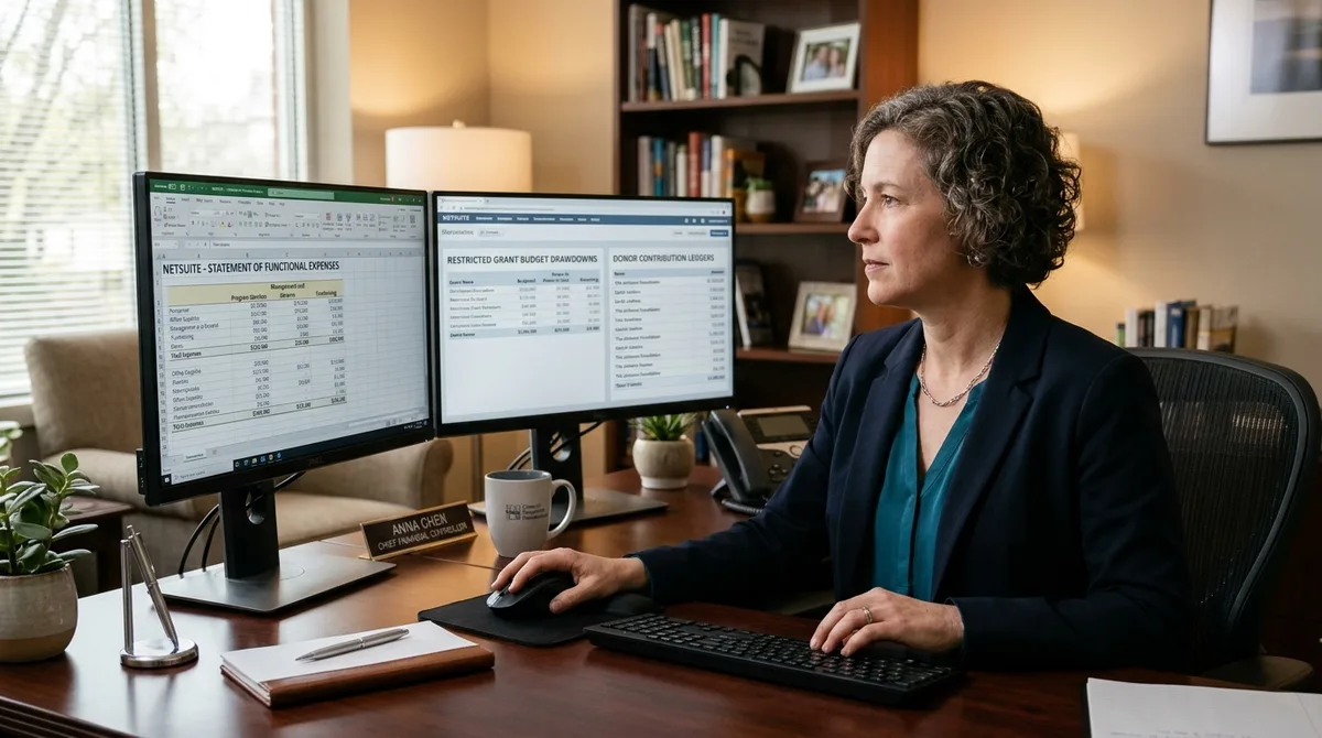 NetSuite for Nonprofits financial reports on dual monitors in a charitable foundation office