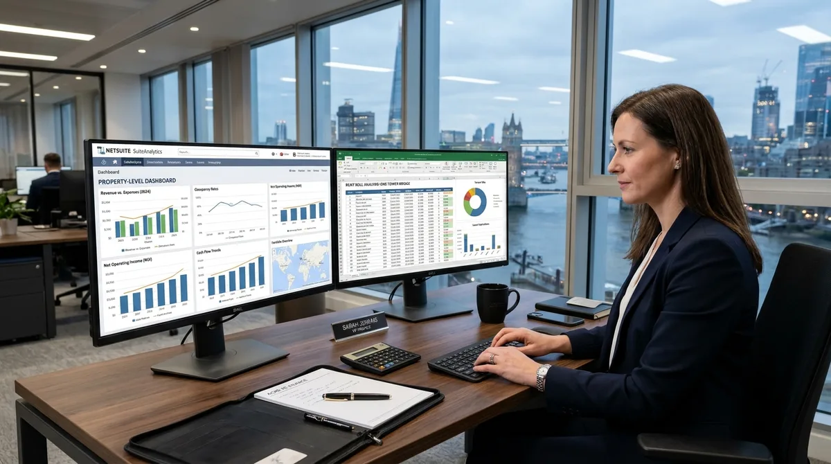 NetSuite for Real Estate business financial reports on dual monitors with an urban city view