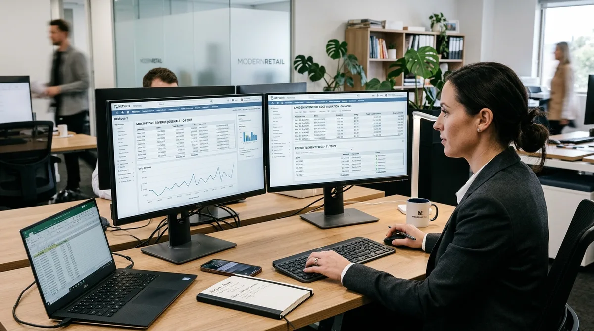 NetSuite for Retail business financial reports on dual monitors in a modern retail headquarters