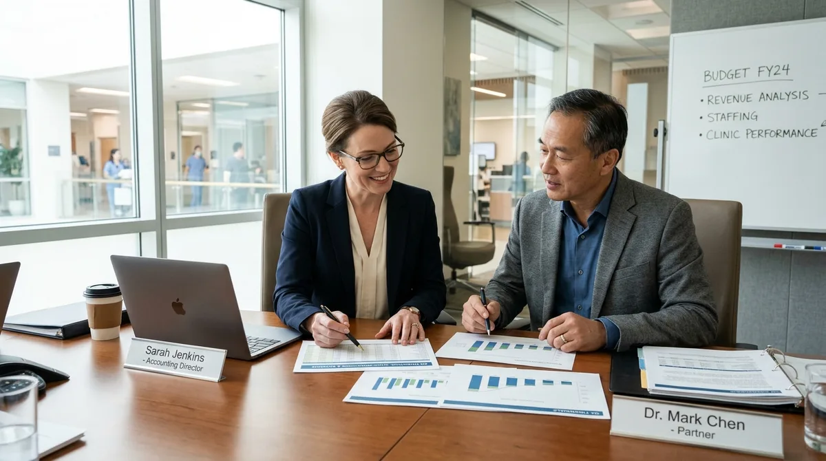NetSuite for Healthcare business accounting team reviewing clinic billing beside medical charts