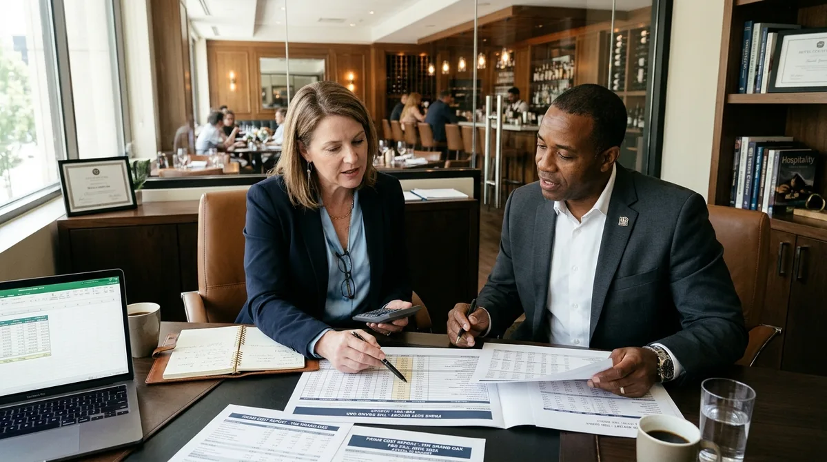 NetSuite for Hospitality business accounting team reviewing venue revenue beside a tablet and menus