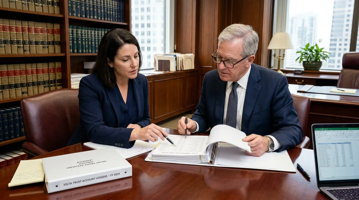 NetSuite for Legal business accounting team reviewing trust ledgers beside legal reference volumes