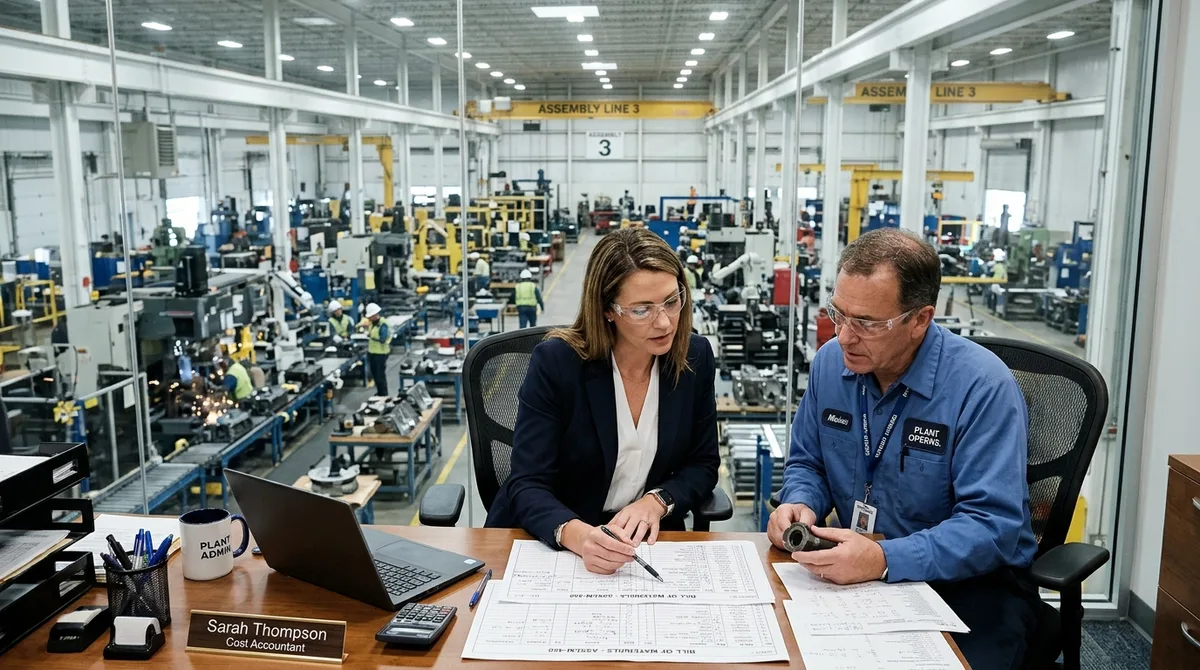 NetSuite for Manufacturing Companies accounting team reviewing production cost sheets beside machinery