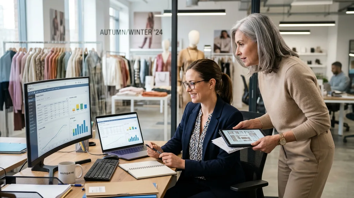 NetSuite for Retail business accounting team reviewing store POS clearing beside retail product displays