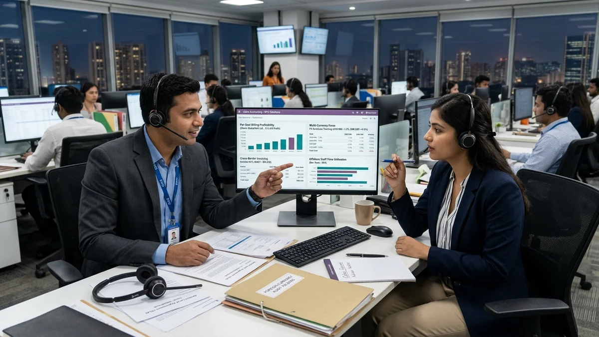 Odoo for BPO Business accounting team reviewing reports at modern desk