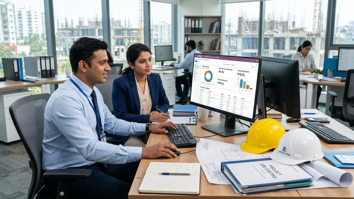 Odoo for Construction Business accounting team reviewing reports at modern desk