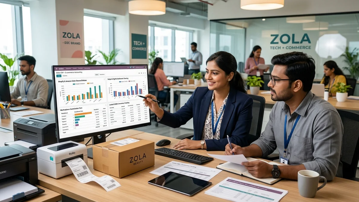 Odoo for Ecommerce Business accounting team reviewing reports at modern desk