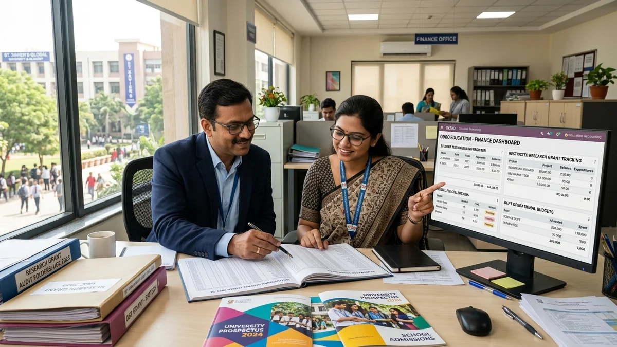 Odoo for Educational Institutions accounting team reviewing reports at modern desk