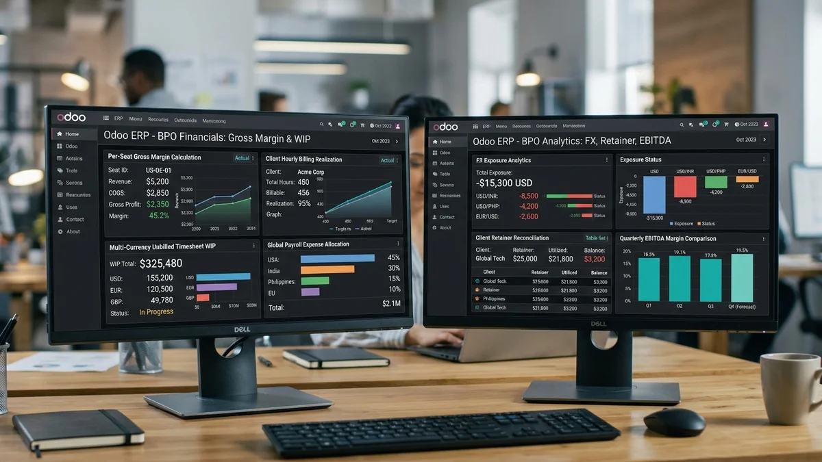 Odoo for BPO Business accounting dashboard and reports on dual monitors