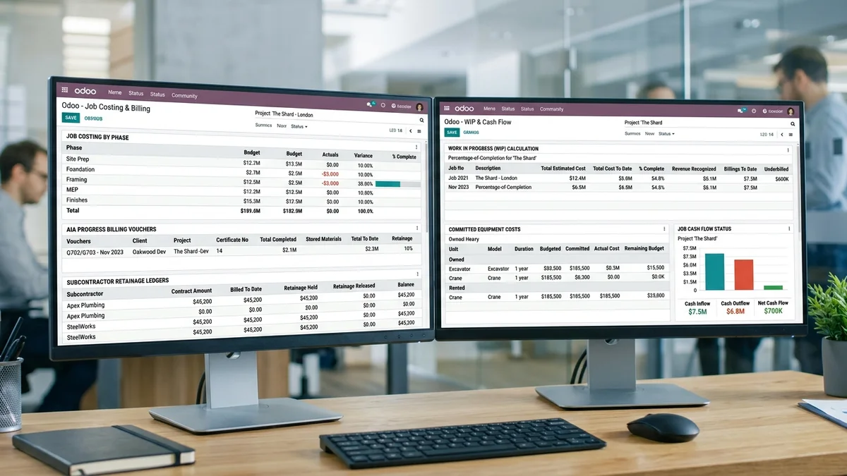 Odoo for Construction Business accounting dashboard and reports on dual monitors
