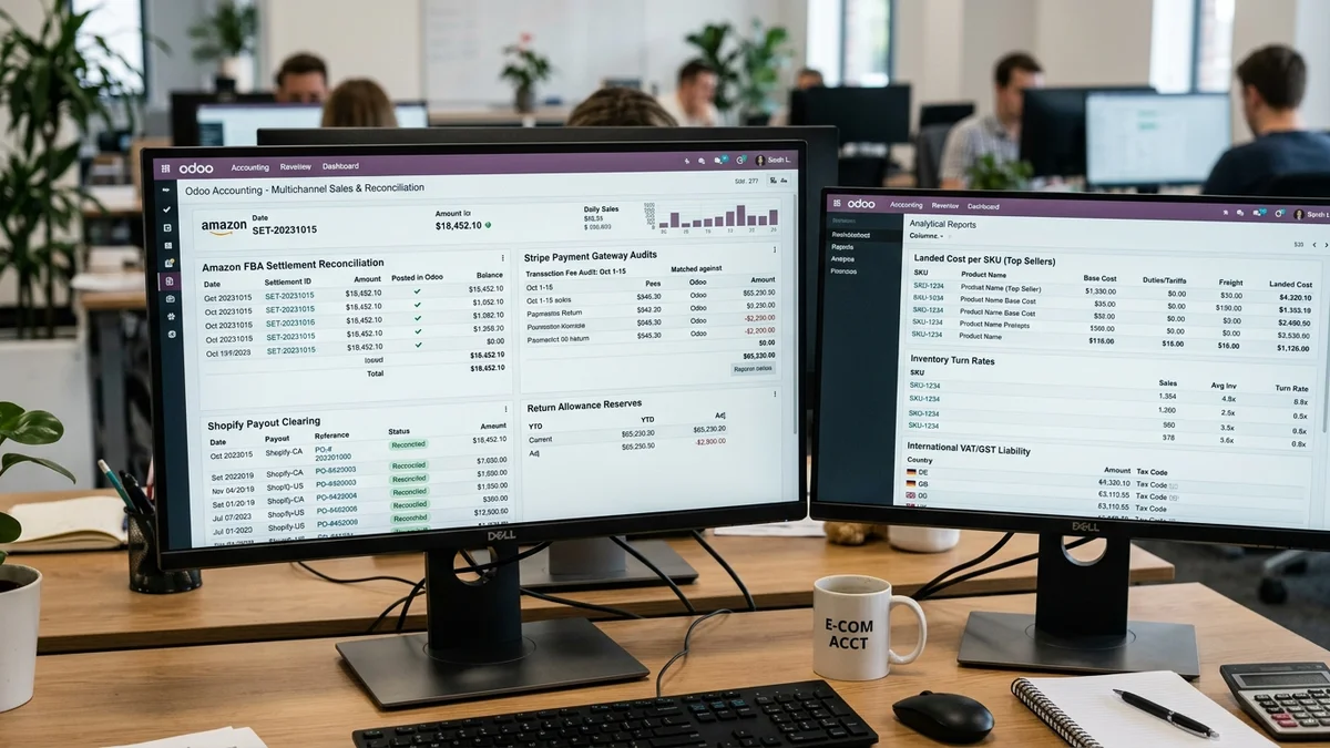Odoo for Ecommerce Business accounting dashboard and reports on dual monitors