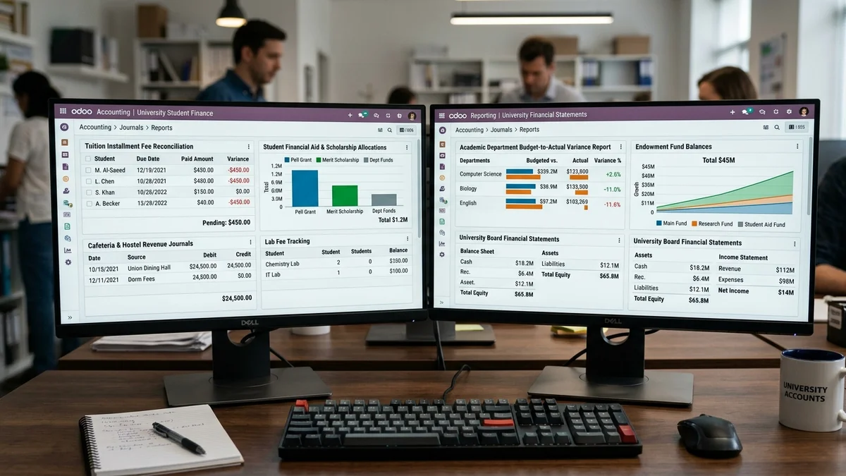 Odoo for Educational Institutions accounting dashboard and reports on dual monitors