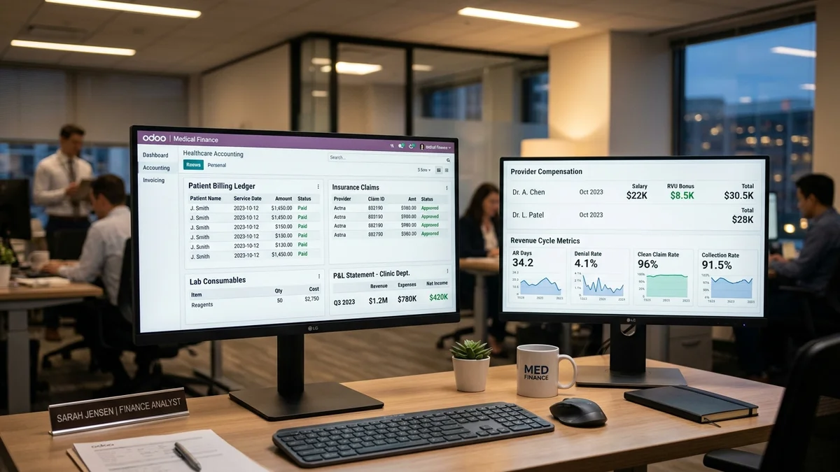 Odoo for Healthcare Business accounting dashboard and reports on dual monitors