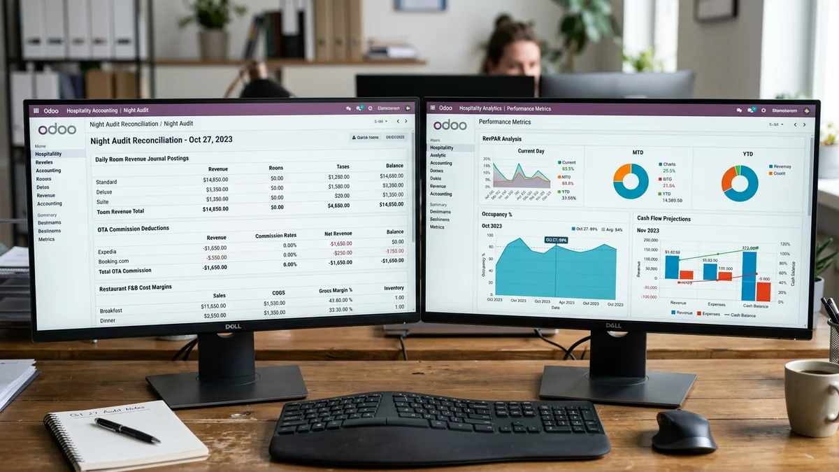 Odoo for Hospitality Business accounting dashboard and reports on dual monitors
