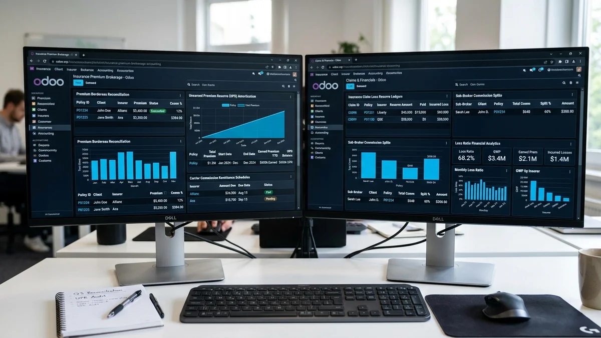 Odoo for Insurance Business accounting dashboard and reports on dual monitors