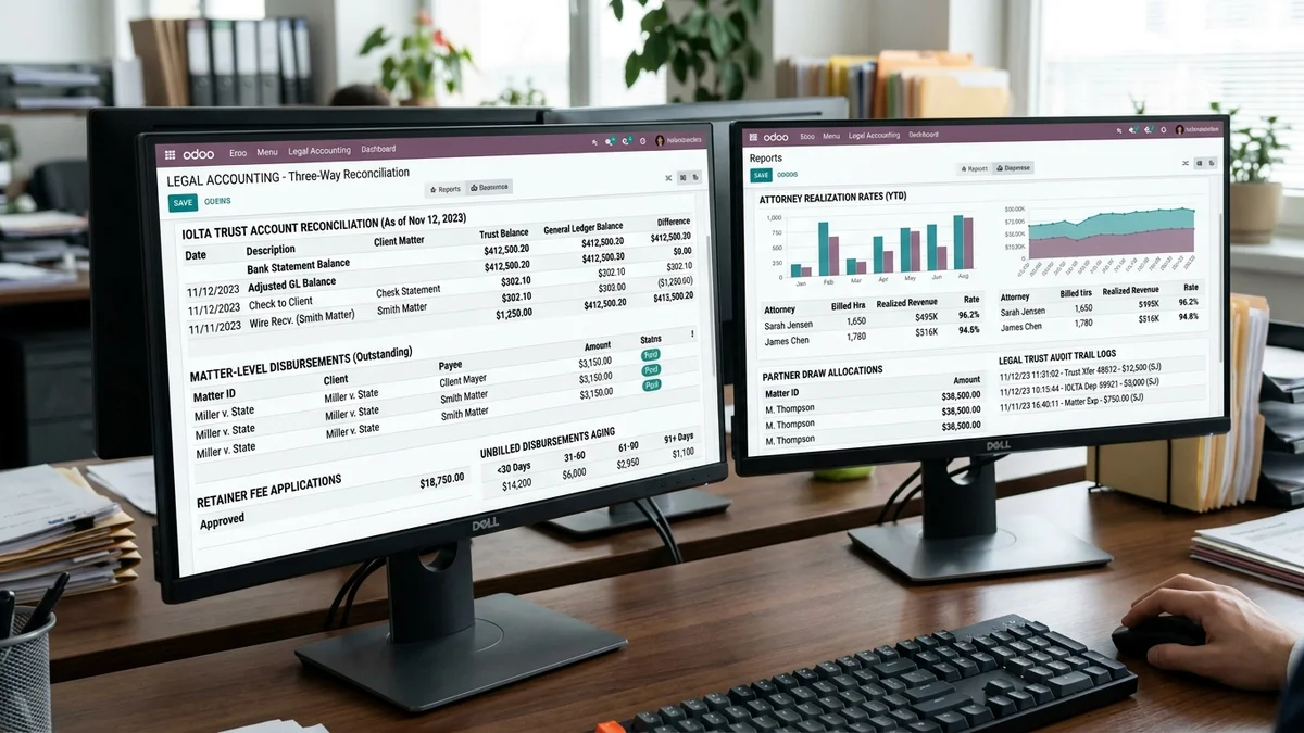 Odoo for Legal Business accounting dashboard and reports on dual monitors