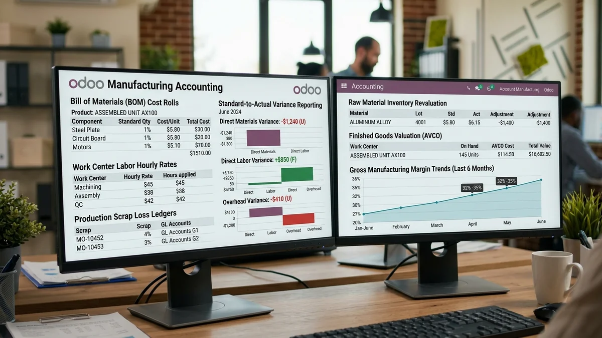 Odoo for Manufacturing Companies accounting dashboard and reports on dual monitors