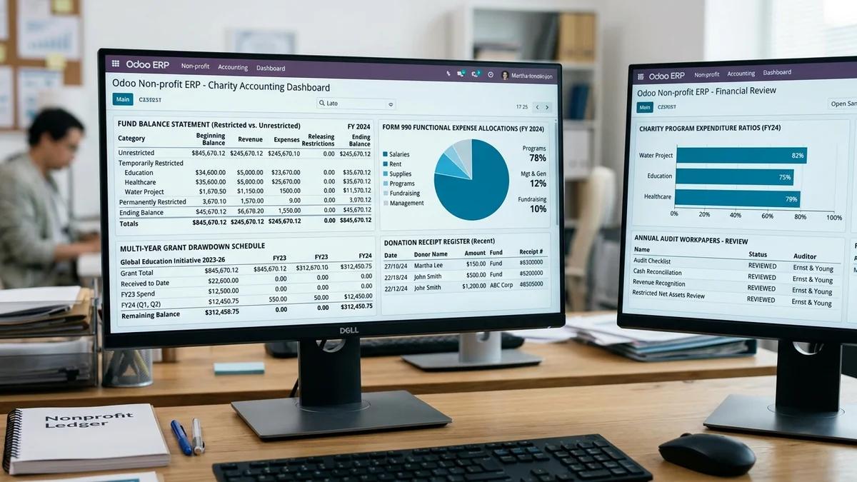 Odoo for Nonprofits accounting dashboard and reports on dual monitors