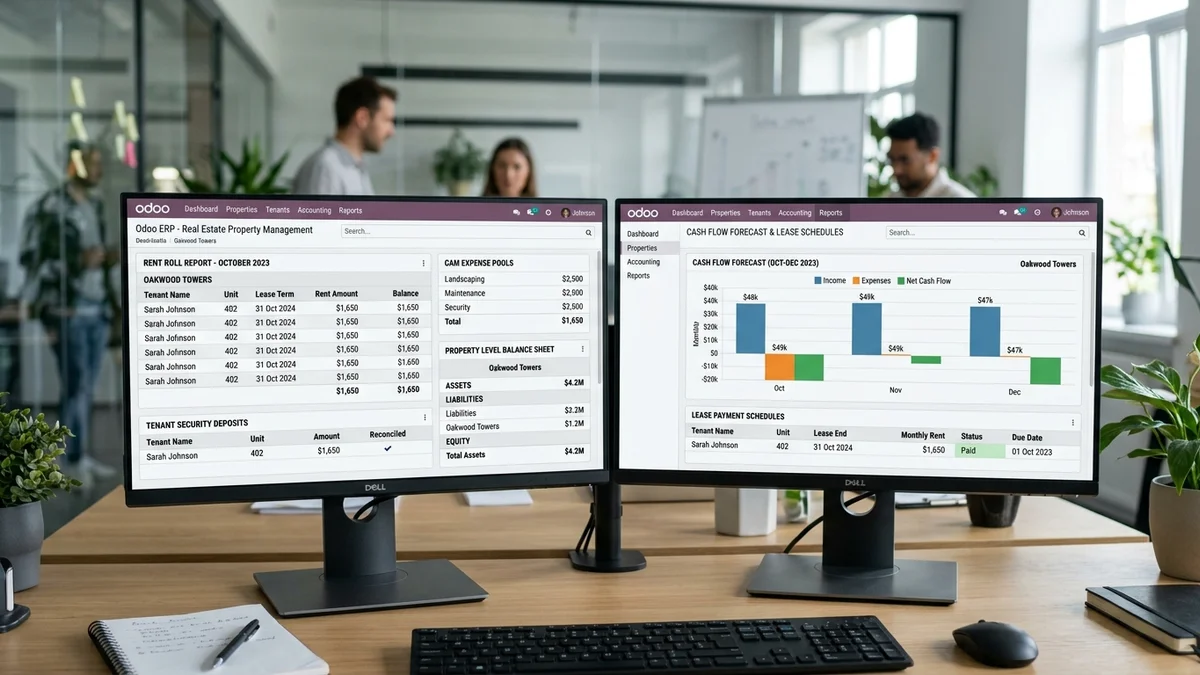 Odoo for Real Estate Business accounting dashboard and reports on dual monitors